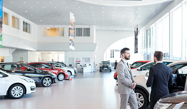 two men in a car dealership discussing various vehicles with several cars on display including six models visible in the background