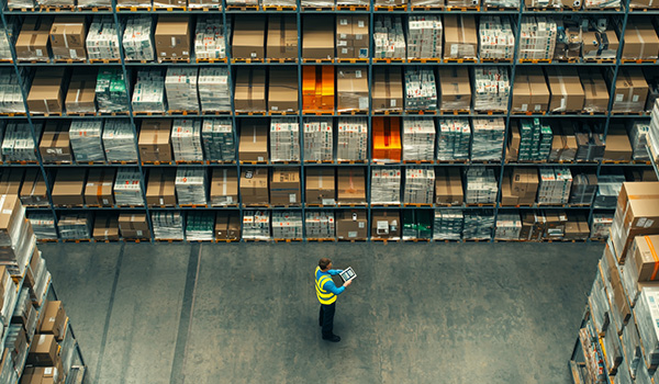 warehouse worker managing inventory with a tablet surrounded by boxes and shelves featuring organized rows of products