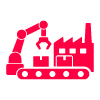 pink industrial crane lifting cargo in a factory setting with six packing boxes on a conveyor belt