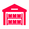 red warehouse icon with eleven storage bays and doors