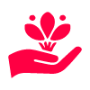 a hand holding a stylized flower illustration symbolizing care and beauty with two petals representing growth and nurturing