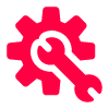 red gear and wrench icon representing tools for twelve mechanical adjustments and repairs