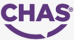 logo of CHAS with purple text representing health and safety standards recognized by 9 sectors
