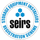 Storage equipment installers registration scheme logo featuring hexagonal shapes and the acronym SEIRS highlighting quality and standards related to storage systems and installations. 8 key benefits of registration.